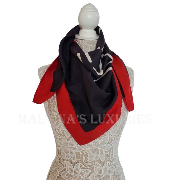 GUCCI SCARF LOGO DIAMOND PRINT BLACK SILK RED BORDER SQUARE 35" - Picture 7 of 10